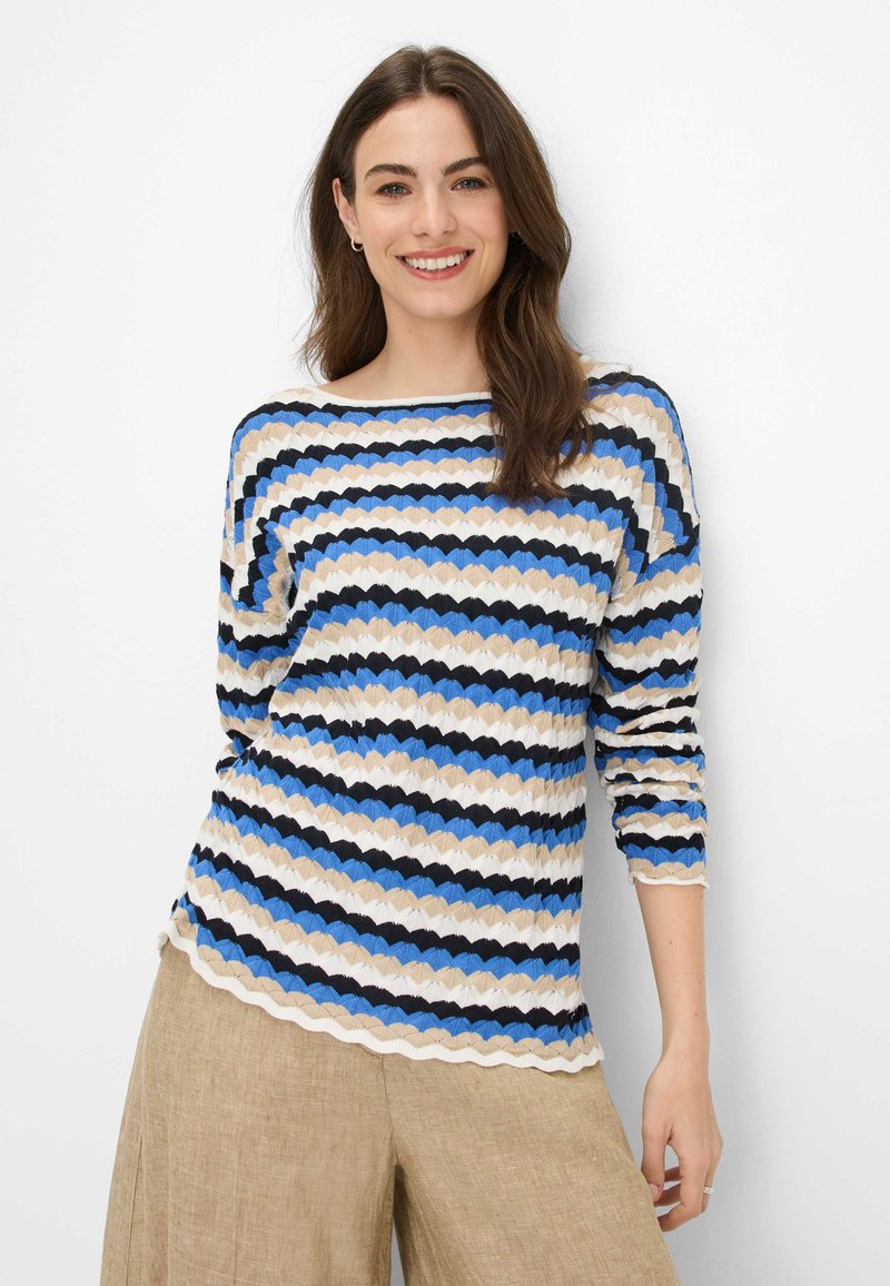 Strickpullover mit gestreiftem Muster in Blau, Beige und Schwarz. Mit gewelltem Saum und langen Ärmeln, aus einem leichten, strukturierten Stoff gefertigt.