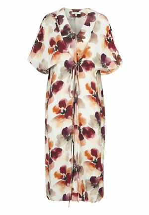 Løs midi-kjole med korte ærmer, V-hals, bindebånd foran og stort abstrakt blomsterprint i nuancer af bourgogne, orange, beige og krem.