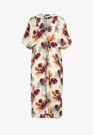 Locker sitzendes Midikleid mit kurzen Ärmeln, V-Ausschnitt, vorderer Schleife und großem abstraktem Blumenmuster in Burgunderrot, Orange, Beige und Creme.