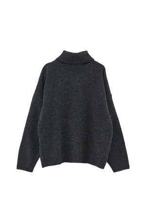 Grove grijze coltrui met een geribbelde kraag en manchetten, losse pasvorm, gemaakt van zacht gebreid materiaal, zonder patronen of versieringen.