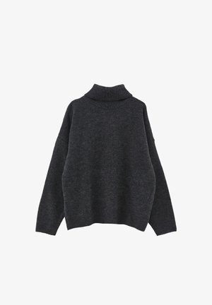 Grove grijze coltrui met een geribbelde kraag en manchetten, losse pasvorm, gemaakt van zacht gebreid materiaal, zonder patronen of versieringen.