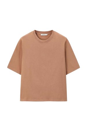 Korte mouwen, losvallend T-shirt in een lichtbruine kleur. Gemaakt van katoen, met een ronde halslijn en een gladde textuur. Geen patronen of accenten.