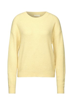 Yellow knitted sweater with ribbed texture, round neckline, and long sleeves. Features a relaxed fit and a straight hem. Soft fabric.