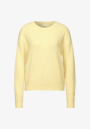 Suéter amarillo de punto con textura acanalada, escote redondo y mangas largas. Presenta un corte holgado y un bajo recto. Tejido suave.