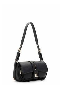 Sac à bandoulière en cuir noir avec sangle réglable, fermeture à rabat avant avec œillets métalliques et petit détail de logo "TL" doré.