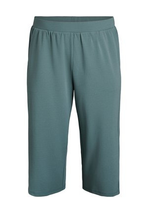 Groene sportshorts met een elastische tailleband, knielange snit en een gladde stoftextuur. Geen zichtbare zakken of patronen.