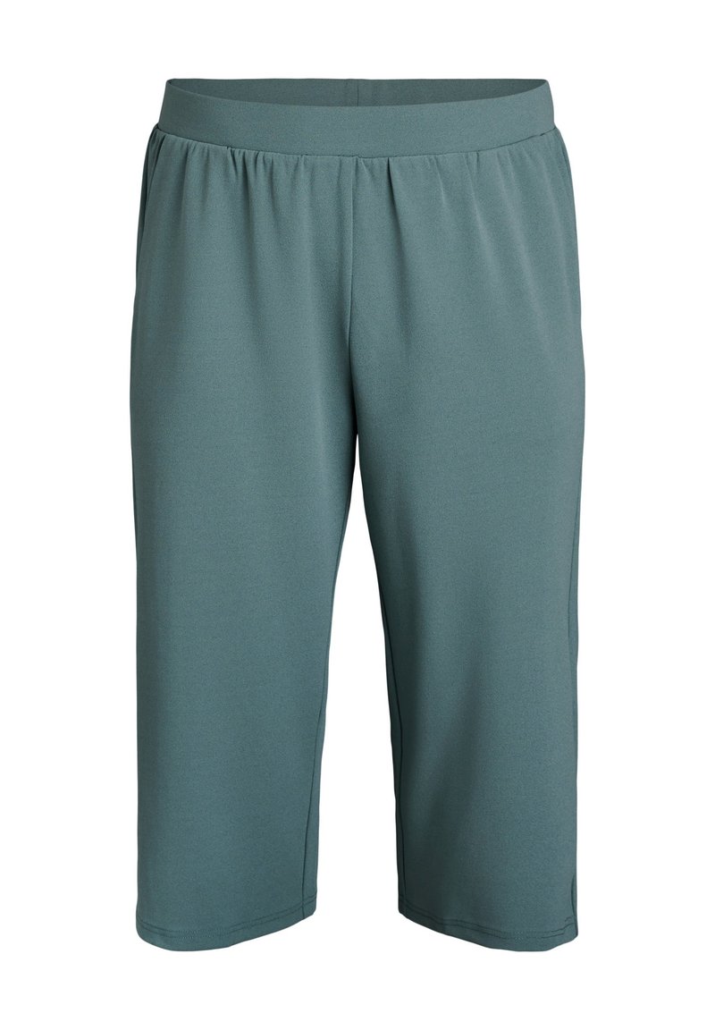 Türkise Sportshorts mit einem elastischen Bund, knie-langer Schnitt und glatter Stofftextur. Keine sichtbaren Taschen oder Muster.
