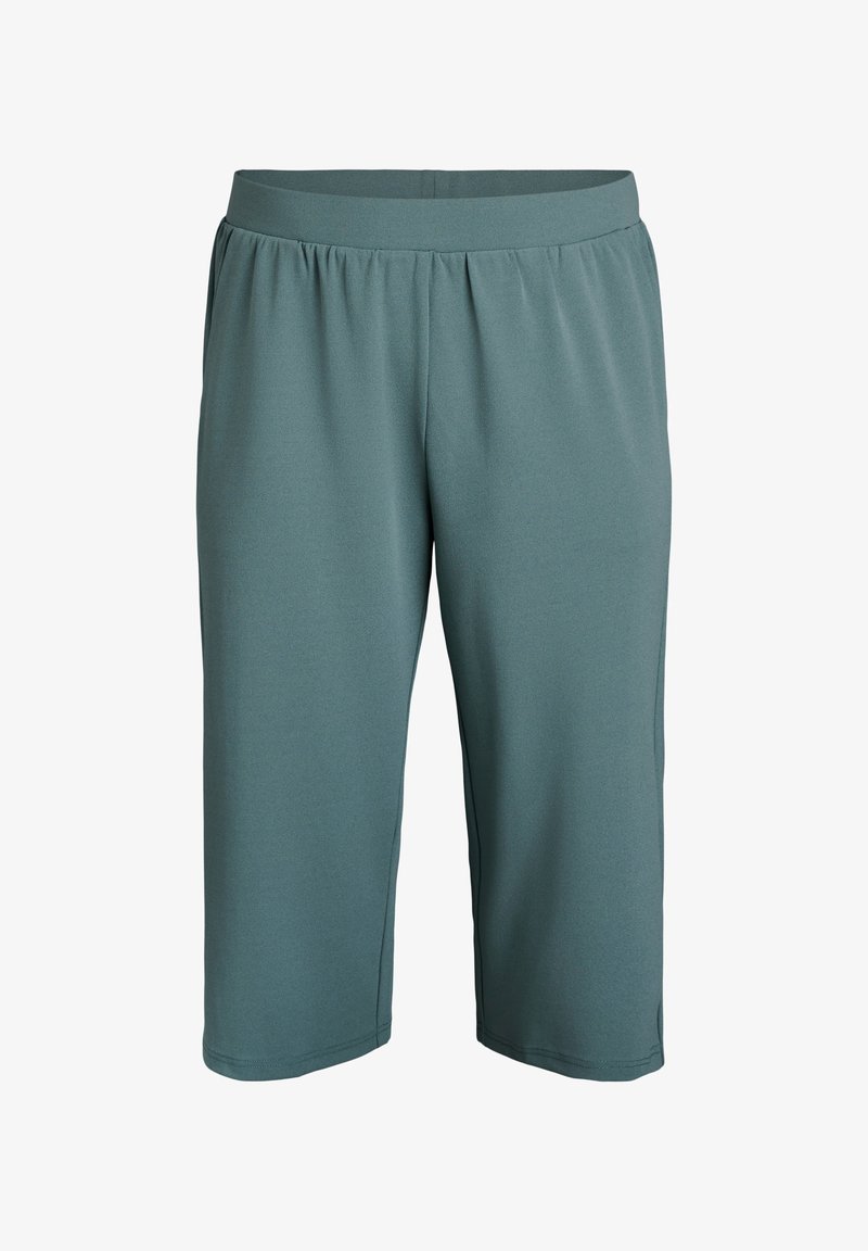 Tyrkysové sportovní šortky s elastickým pasem, délka ke kolenům a hladkým textilním povrchem. Žádné viditelné kapsy nebo vzory.