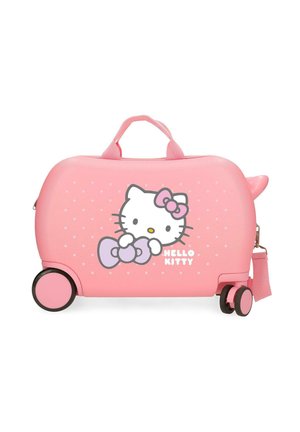 Maleta infantil rosa de Hello Kitty con ruedas, asa y diseño de lazo morado en el frente.