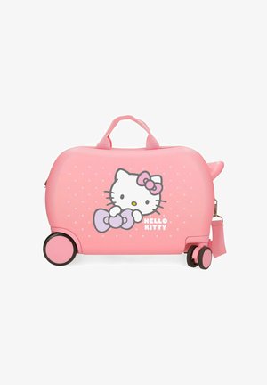 Maleta infantil rosa de Hello Kitty con ruedas, asa y diseño de lazo morado en el frente.