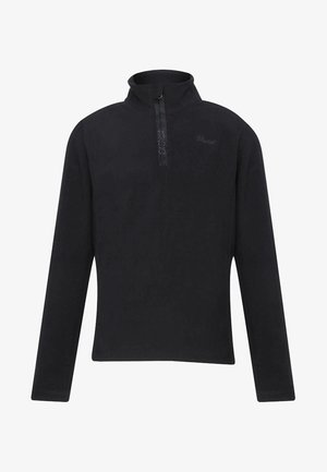 Schwarzer Fleece-Pullover mit halbem Reißverschluss am Hals, langen Ärmeln und glatter Textur. Mit minimalem Branding auf der Brust.