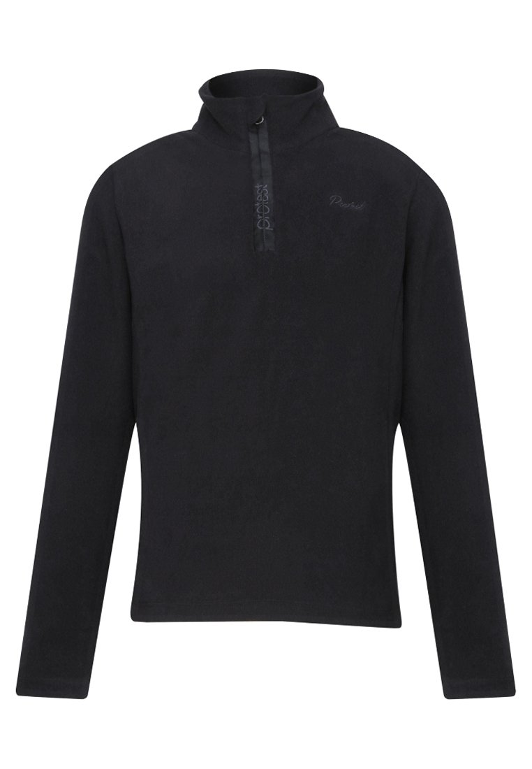 Čierny fleece pulóver s polovičným zipsom na krku, dlhými rukávmi a jemnou textúrou. Obsahuje minimálne logo na hrudi.