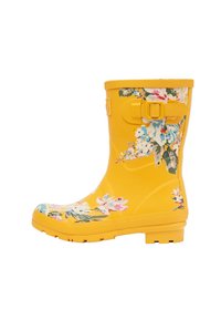 Bota de lluvia de goma amarilla con un patrón floral en rosa, blanco y azul. Cuenta con un hebilla lateral y una suela texturizada para mayor agarre.