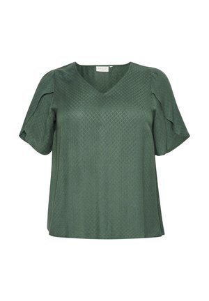 Green short-sleeve top with a V-neck and textured diamond pattern. Soft fabric, relaxed fit, and slightly flared sleeves.