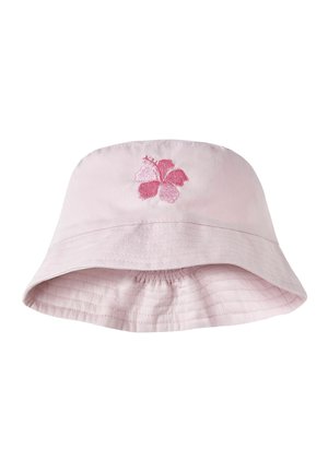 Hellrosa Bucket Hat mit abgestepptem breitem Rand und einer dunkler rosa bestickten Hibiskusblume vorne in der Mitte.