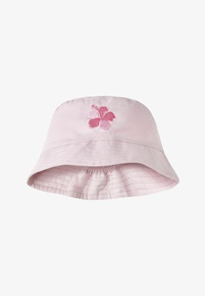 Hellrosa Bucket Hat mit abgestepptem breitem Rand und einer dunkler rosa bestickten Hibiskusblume vorne in der Mitte.