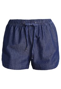 Shorts en denim avec une taille élastique et un cordon de serrage. Couleur bleu foncé, texture douce et coupe simple sans poches visibles.