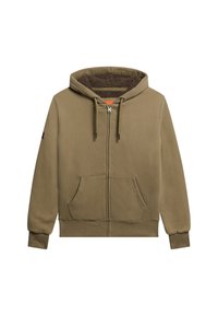 Sudadera con cremallera de color verde oliva, forrada con suave forro de franela marrón, con dos bolsillos frontales y capucha con cordón. Fabricada en una mezcla de algodón.