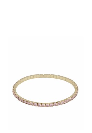Gold tennis bracelet with evenly spaced pink gemstones set around the band on a white background.
