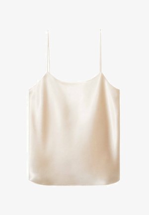 Camisola in seta di un beige chiaro con spalline sottili e regolabili e una texture liscia e lucida. Presenta una linea dritta e senza decorazioni visibili.