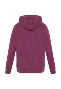 Purple hooded sweatshirt with long sleeves, plain design, soft texture, and a kangaroo pocket at the front. Casual fit, no visible hardware.