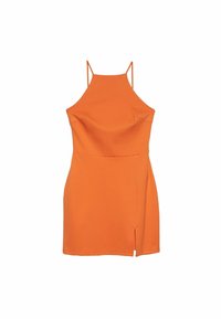 Oranžové bezramínkové šaty s přiléhavým korzetem, mírným rozparkem na spodním lemování a tenkými nastavitelnými ramínky. Hladká tkanina s strukturovanou siluetou.