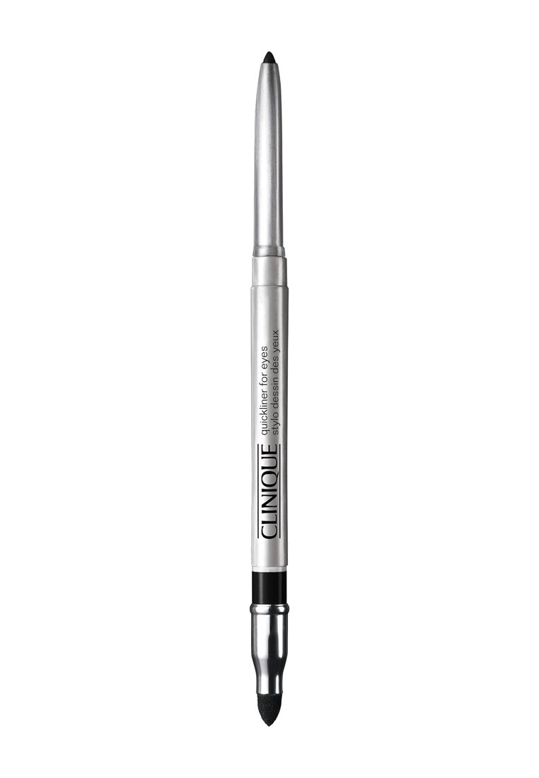 Clinique quickliner pour les yeux ; corps cylindrique argenté avec des accents noirs. Pointe rétractable ; l'autre extrémité dispose d'une pointe de mélange.