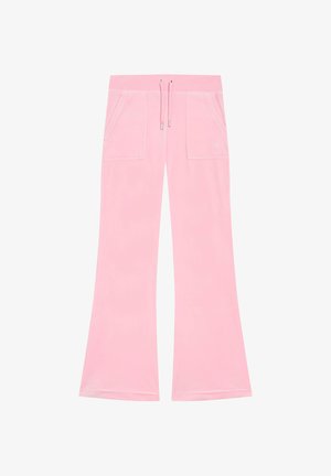 Roze uitlopende trainingsbroek gemaakt van zachte stof, voorzien van een tailleband met trekkoord en twee voorzakken. Strak ontwerp met minimale details.