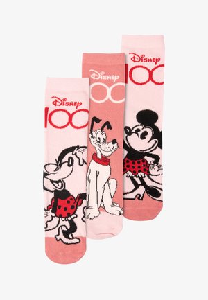 Tre paia di calzini in rosa e rosa chiaro, con personaggi Disney. Un calzino mostra Pluto, un altro mostra Mickey e il terzo mostra Minnie a pois.