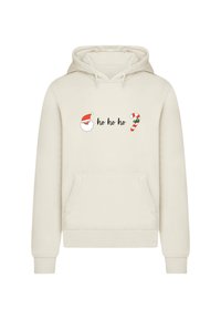 Cremfarbenes Hoodie mit einer Fronttasche, verstellbarem Kapuzenzug und festlichem Druckdesign mit "ho ho ho", einem Weihnachtsmann und einem Zuckerstangen.