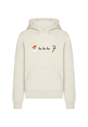 Cream hoodie featuring a front pocket, drawstring hood, and printed festive design with "ho ho ho," Santa, and a candy cane.
