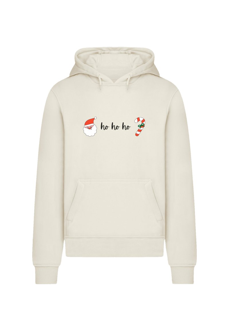 Cremfarbenes Hoodie mit einer Fronttasche, verstellbarem Kapuzenzug und festlichem Druckdesign mit "ho ho ho", einem Weihnachtsmann und einem Zuckerstangen.
