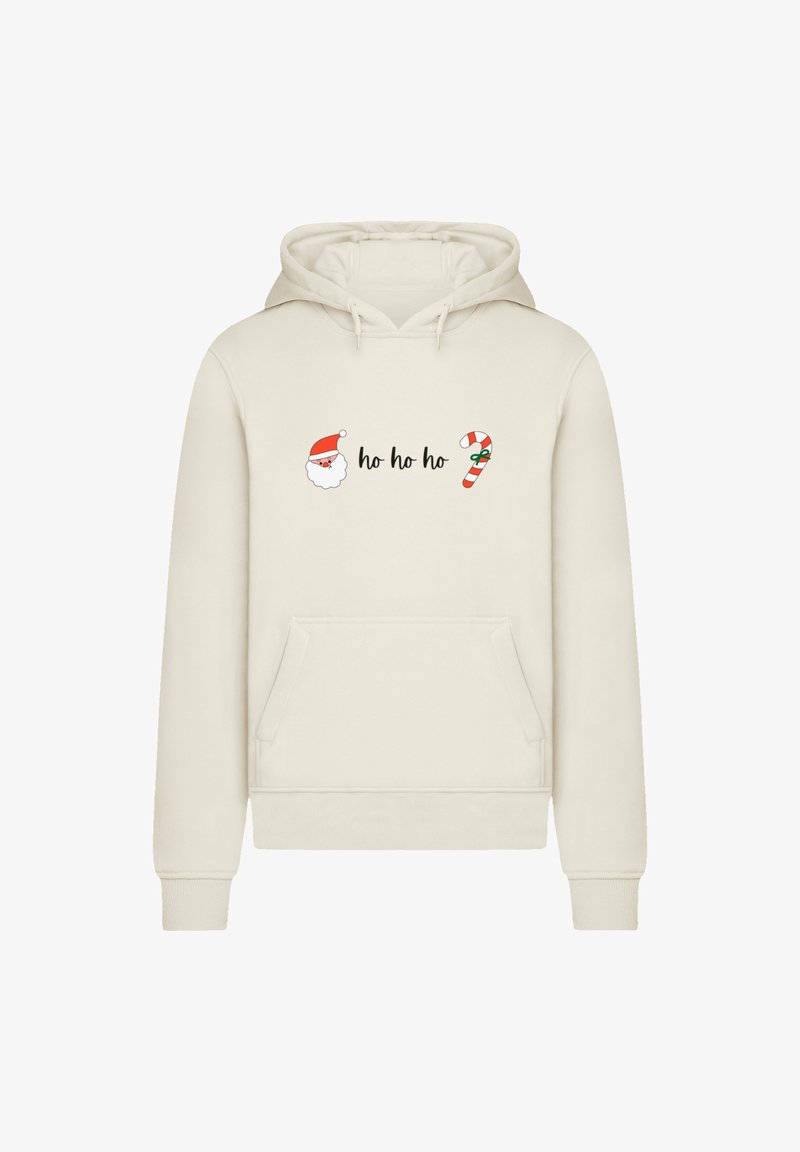 Cremfarbenes Hoodie mit einer Fronttasche, verstellbarem Kapuzenzug und festlichem Druckdesign mit "ho ho ho", einem Weihnachtsmann und einem Zuckerstangen.