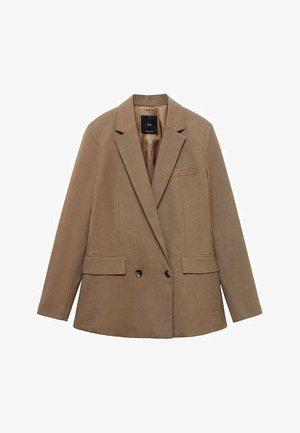 Smeđi dvoredni sako izrađen od teksturiranog materijala. Ima dva prednja džepa, reveri u obliku zareza i glatku unutrašnju oblogu.