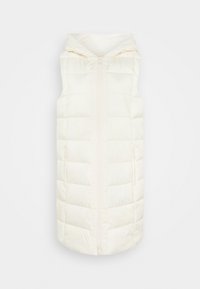 Pohodlná krémová vesta s kapucí, zapínáním na zip a bočními kapsami. Disponuje prošívaným designem pro izolaci a teplo.