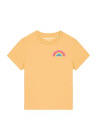 Korte mouwen gele T-shirt van katoen, met een kleurrijke regenboogafbeelding en de tekst "WOMEN POWER" onder het ontwerp.