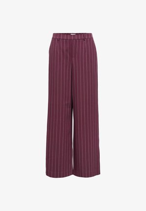 Pantaloni a gamba larga in un profondo bordeaux con righe verticali bianche. Realizzati in un tessuto liscio, con una vita rifinita e pieghe frontali.
