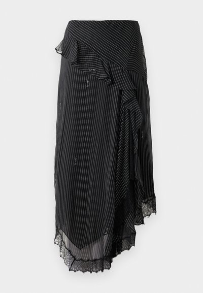 Črna obleka z belimi črtami, z nabranim robom in čipkastim robom. Narejena iz lahkega materiala, s asimetričnim dizajnom.