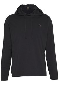 Svart hoodie tillverkad av mjukt, lätt material. Har en kenguruficka, justerbar dragkedja i huvan och en liten logotyp på bröstet.