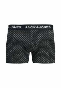 Melni bokseru stila apakšbikses ar mazām baltām palmas koku rakstiem un melnu jostu ar baltu uzrakstu "JACK & JONES".