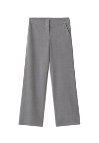 Pantaloni a vita alta grigi a gamba larga con tasche frontali, borchie laterali e chiusura frontale nascosta, realizzati in tessuto morbido.