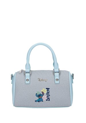 Bolso azul claro con textura de denim, que presenta un personaje divertido de Stitch, flores coloridas y el texto "Stitch" en el frente.