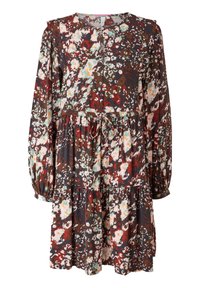 Robe fleurie aux tons sombres avec manches longues, encolure ronde, taille froncée et design à volants. Présente un mélange de motifs rouges, verts et blancs.