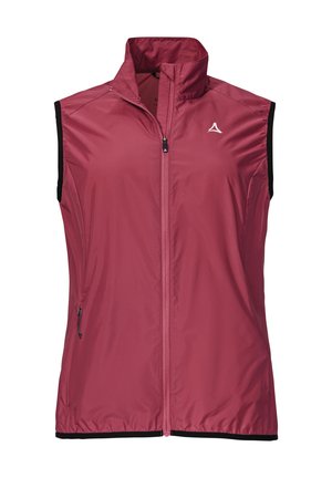 Rosa ärmellose Weste mit hohem Kragen, Reißverschluss vorne, zwei seitlichen Taschen und schwarzem Besatz an den Armausschnitten und dem Saum. Leichter Stoff.