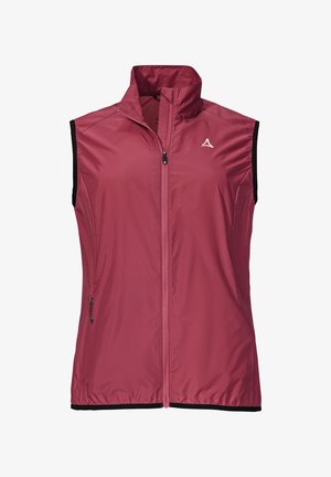 Rosa ärmellose Weste mit hohem Kragen, Reißverschluss vorne, zwei seitlichen Taschen und schwarzem Besatz an den Armausschnitten und dem Saum. Leichter Stoff.