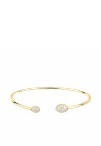 Bracciale a polsino in tono oro con due estremità ovali, ciascuna decorata con pietre trasparenti e scintillanti. Finitura liscia e lucida con design aperto.