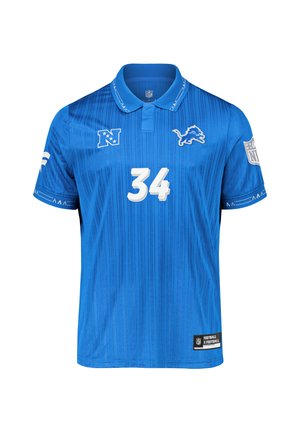 Polo bleu des Detroit Lions NFL avec le numéro 34, logos de l'équipe et de la NFL sur le devant et les manches, et détails de motifs sur le tissu et le col.