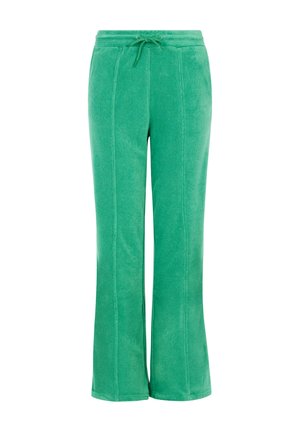 Groene fleecebroek met een tailleband met trekkoord, uitlopende benen en subtiele stikdetails. Zachte textuur en comfortabele pasvorm.