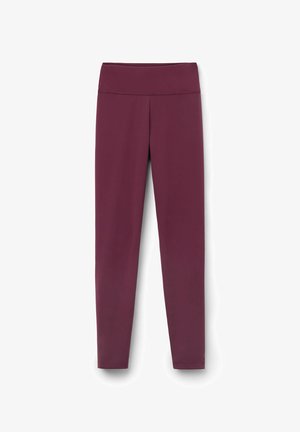 Bordeaux leggings med bred midjeband, slät textur och smalnade ben. Tillverkade av stretchmaterial för komfort och flexibilitet.