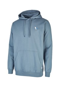 Felpa con cappuccio di cotone blu chiaro, con tasca a marsupio frontale, cappuccio con cordino e un piccolo logo di uccello ricamato in bianco e blu.